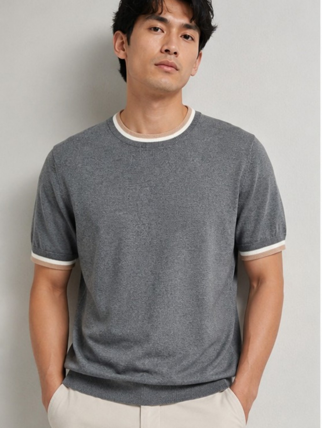 Eleventy Men's Gray Short Sleeve Sweater Crewneck White Tan At Neck & Sleeve L